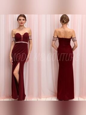NWT Soieblu Burgundy Rhinestone Off The Shoulder Evening Gown Prom Wedding